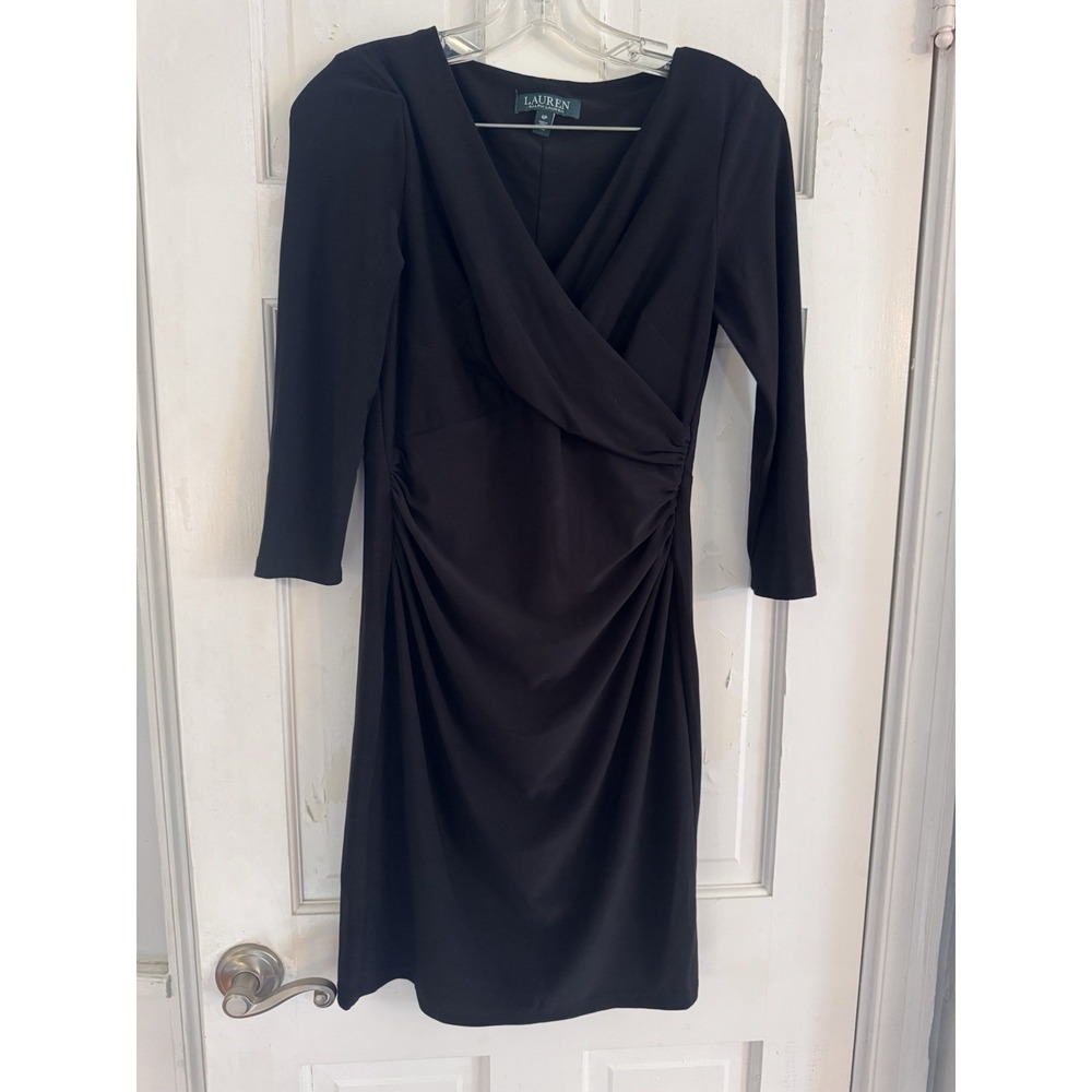 Lauren Ralph Lauren Black Faux Wrap Dress Ruched Sheath Career Women 4P